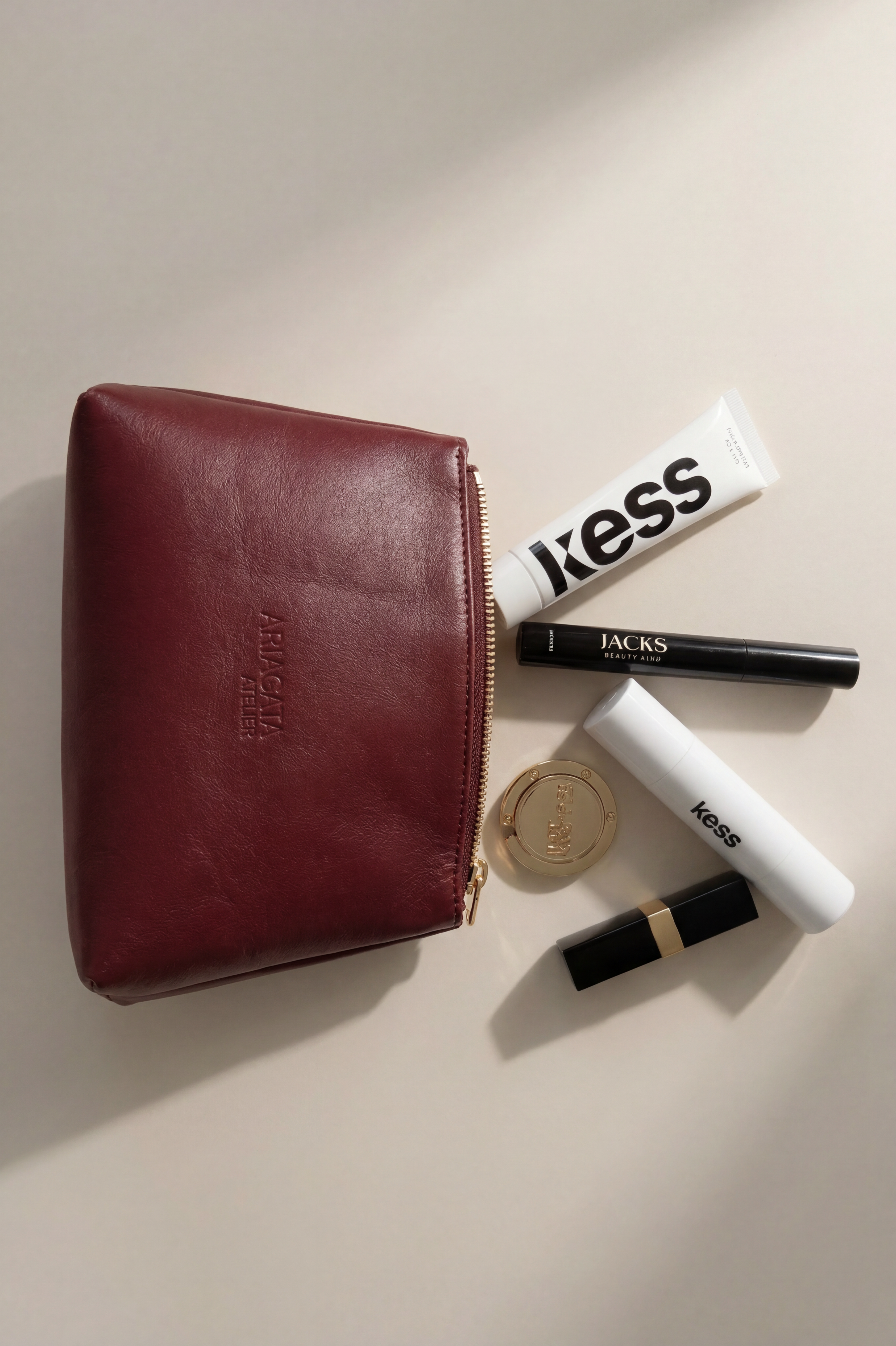 Bordeaux red cosmetic pouch detail view